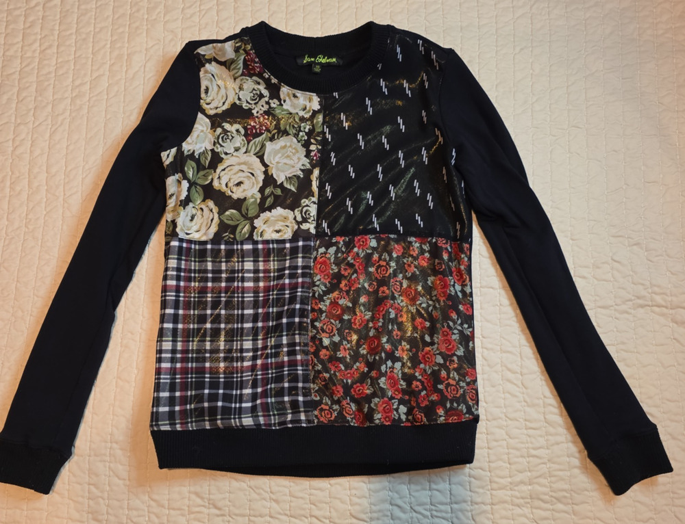 Sam Edelman XS Black Floral Patchwork Plaid Sweatshirt Women’s Sweater Top Cozy